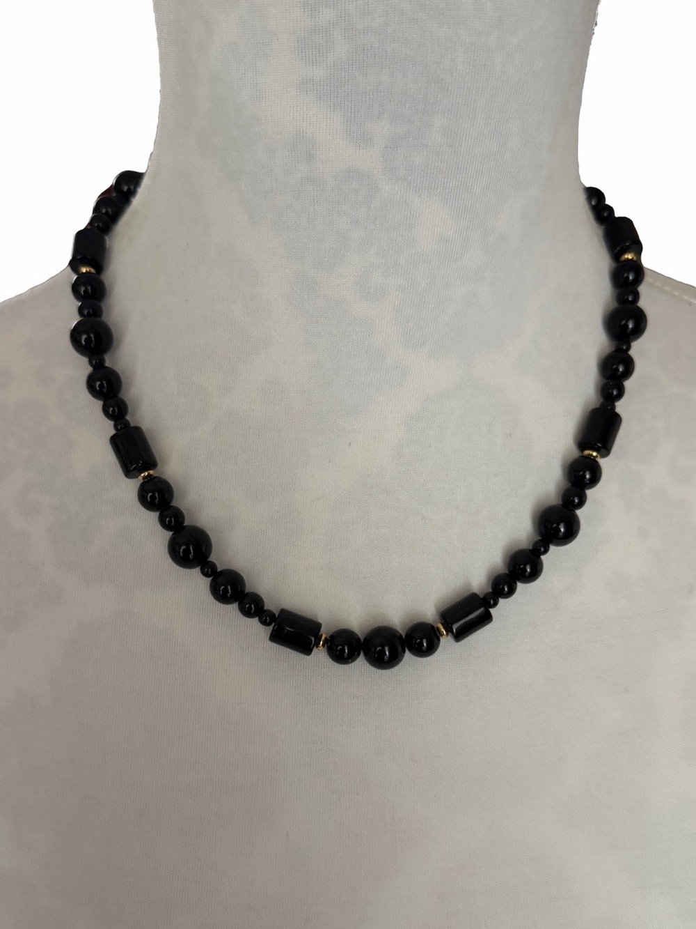 Vintage Monet Black Lucite Beaded Necklace Gold Tone Accents | Classic